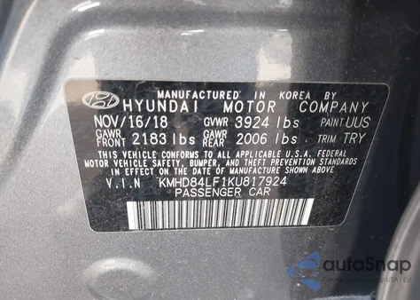 2019 Hyundai Elantra Sel из США, поврежденный, VIN KMHD84LF1KU817924